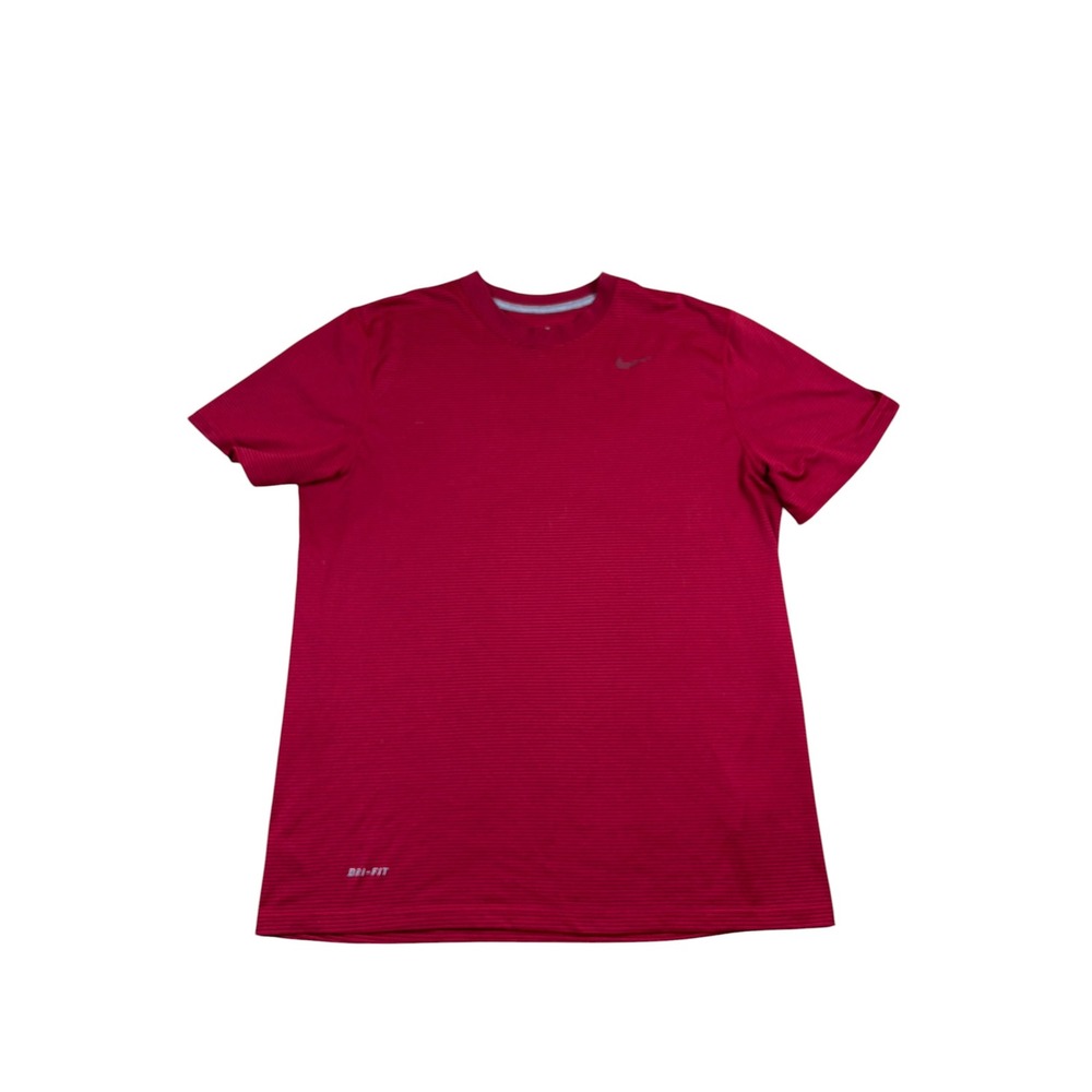 Nike Mens Dri-FIT Striped Performance T-Shirt Red Maroon Short Sleeve Size L
